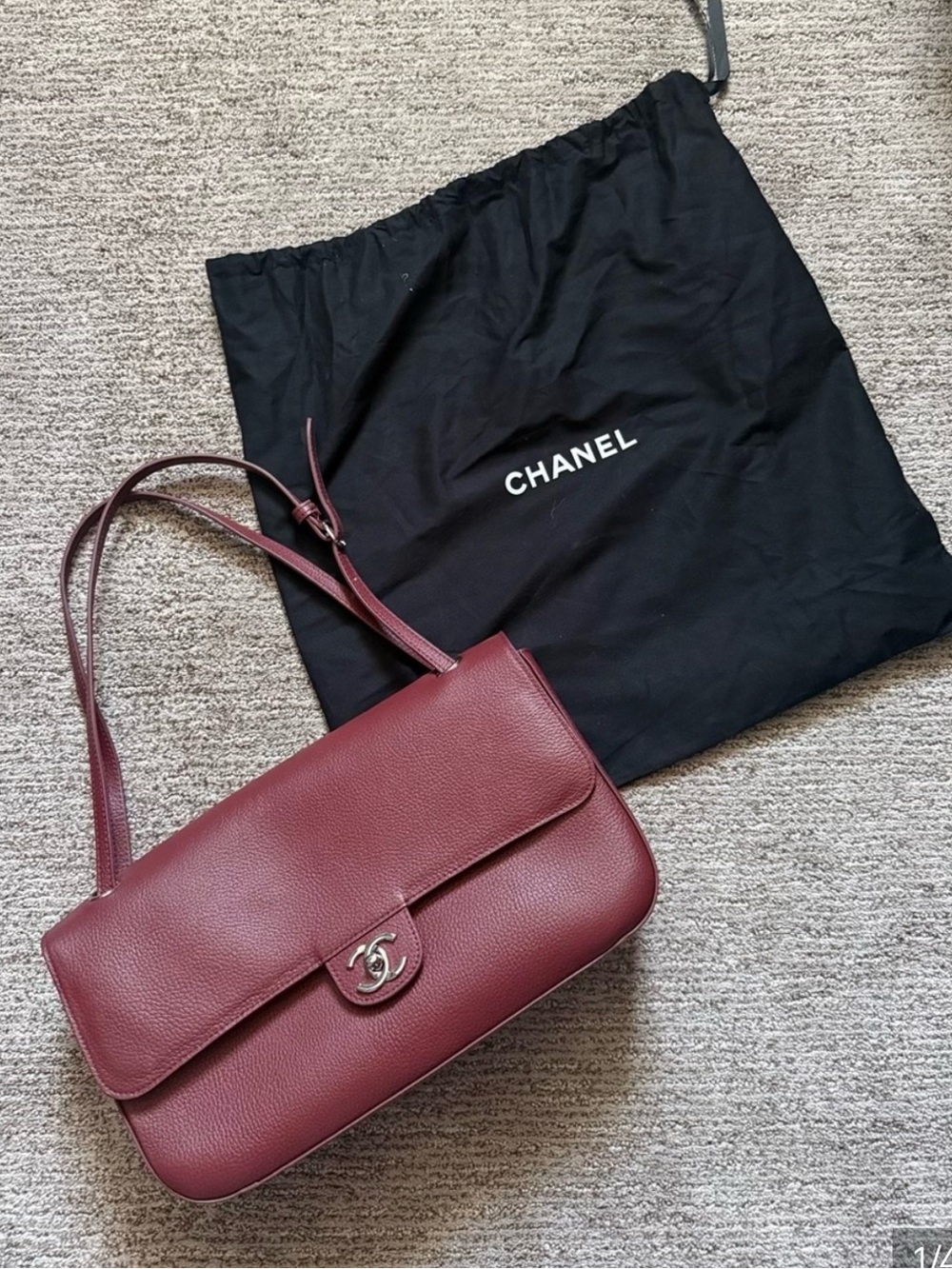 CHANEL Burgundy Leather Shoulder Bag with Silver CC Lock